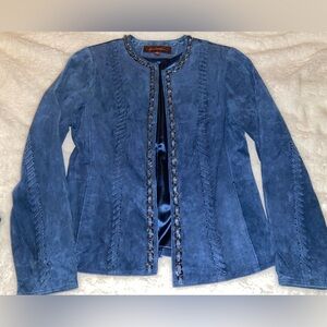 Elegant Blue Leather Jacket with Chain Accents